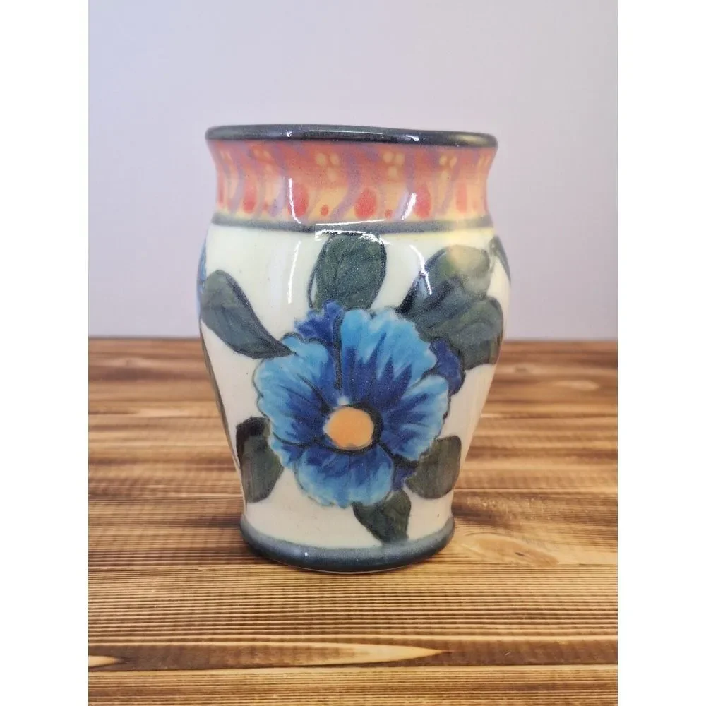 Vintage Ceramic Floral‎ Small Flower Vase Glazed Blue Red Green 4.25